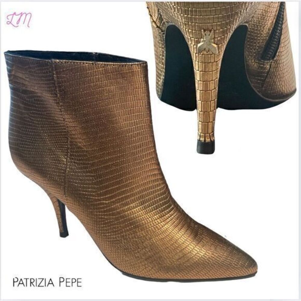 NWOB Patrizia Pepe Antique Gold‎ Leather Ankle Boots Fly Logo Metallic Size 9